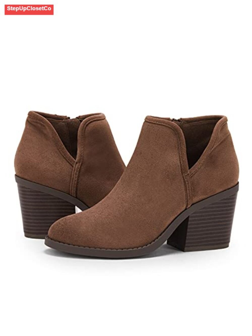 Womens Ankle Boots Faux Suede Chunky Stacked Heel Slip On Booties